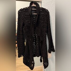 Women's Black Crochet Boho Open-Front Sweater Cardigan